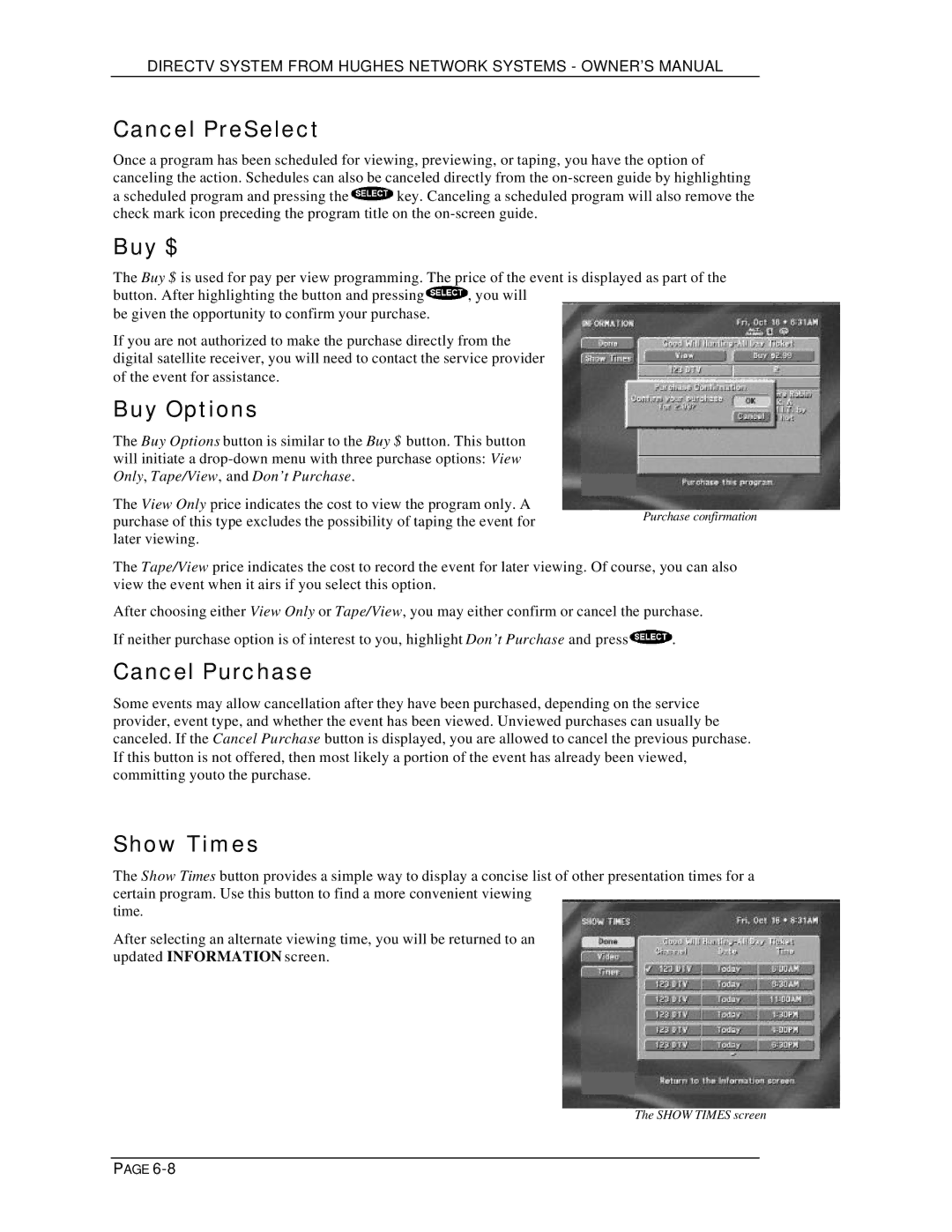 DirecTV HIRD-D01, HIRD-D11 owner manual Cancel PreSelect, Buy $, Buy Options, Cancel Purchase, Show Times 