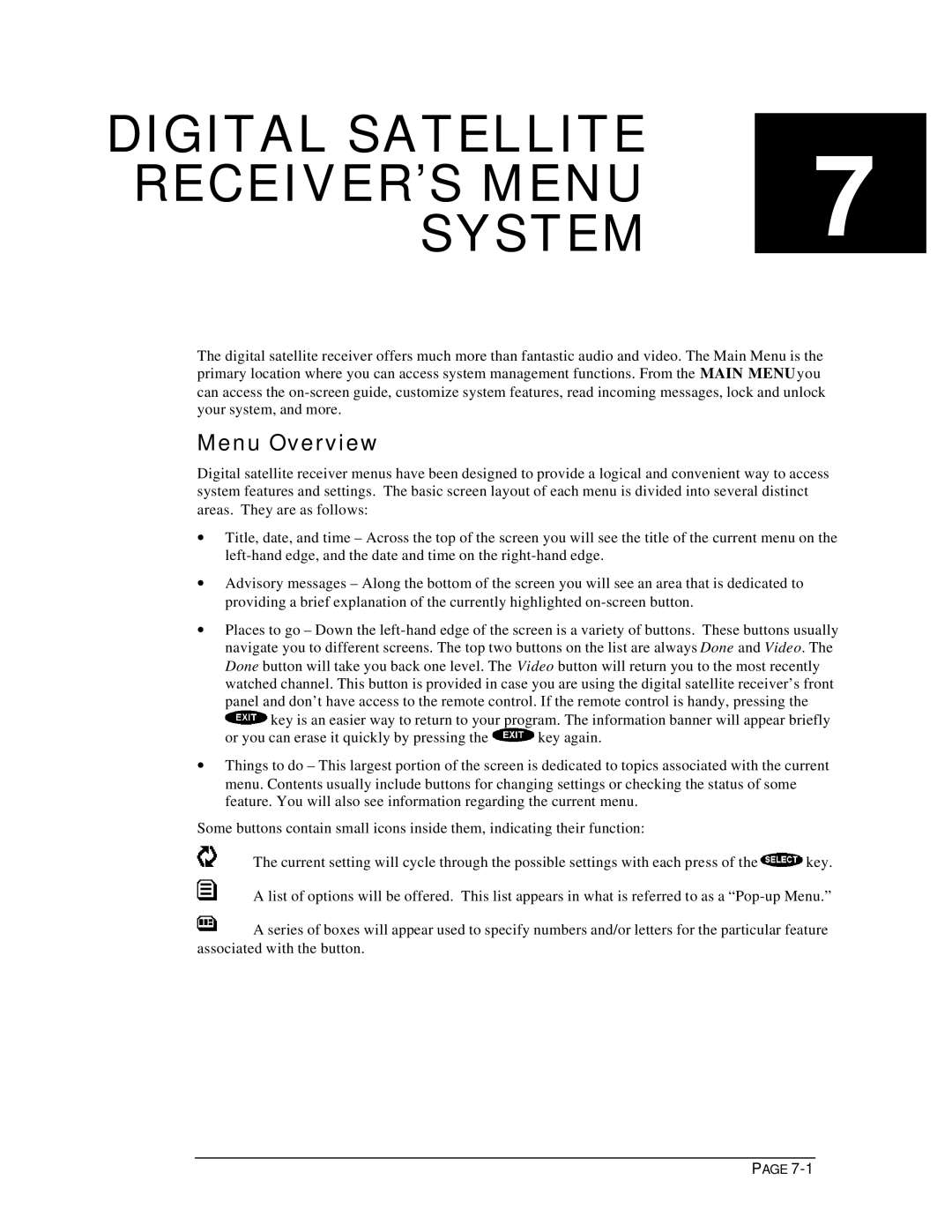 DirecTV HIRD-D11, HIRD-D01 owner manual Digital Satellite RECEIVER’S Menu System, Menu Overview 