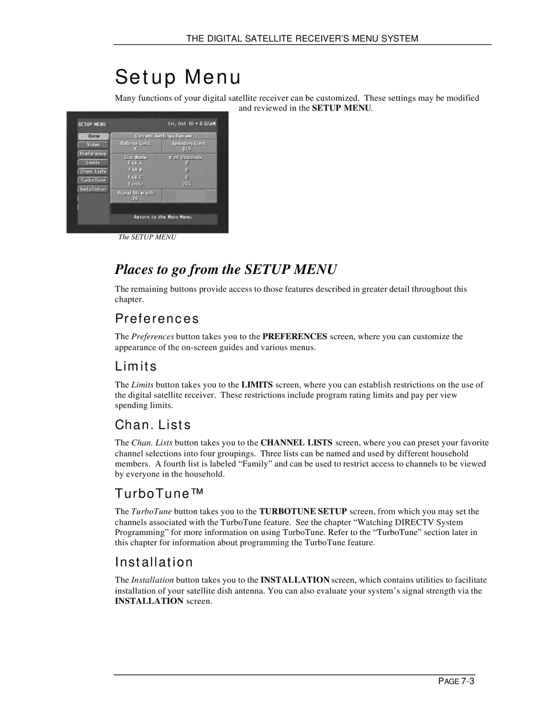 DirecTV HIRD-D11, HIRD-D01 owner manual Places to go from the Setup Menu 