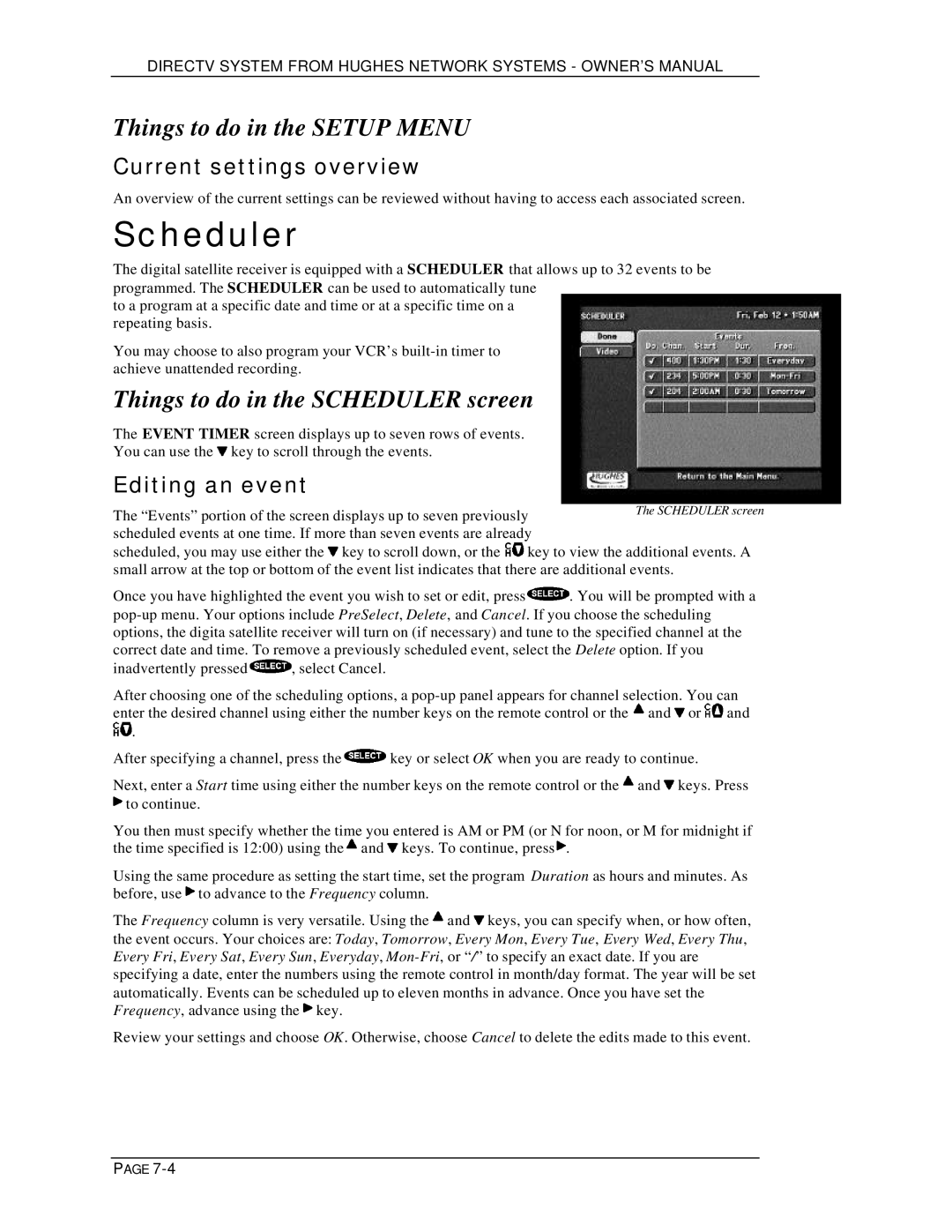 DirecTV HIRD-D01 Things to do in the Setup Menu, Things to do in the Scheduler screen, Current settings overview 