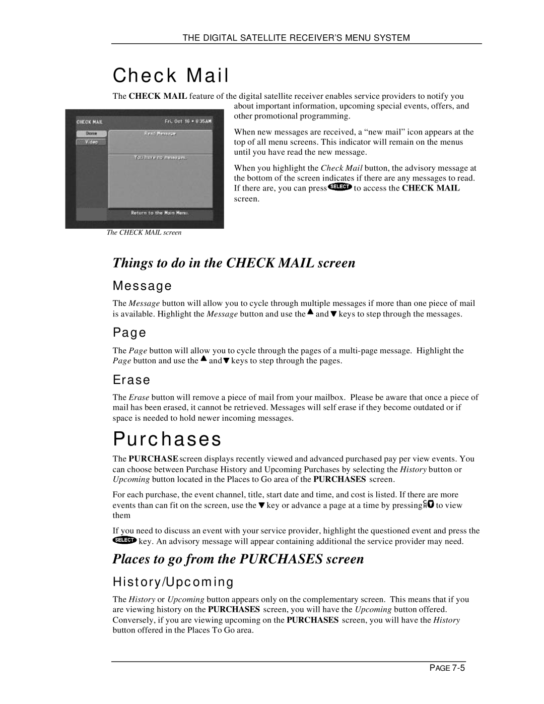 DirecTV HIRD-D11, HIRD-D01 Things to do in the Check Mail screen, Places to go from the Purchases screen 