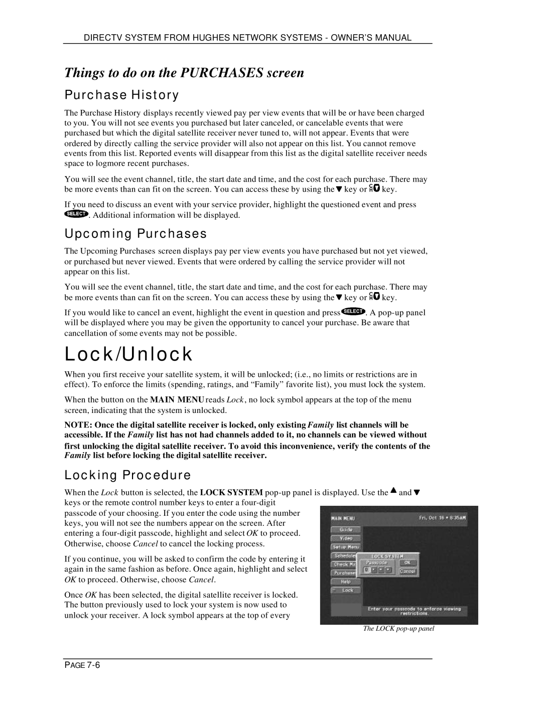 DirecTV HIRD-D01, HIRD-D11 Lock/Unlock, Things to do on the Purchases screen, Purchase History, Upcoming Purchases 