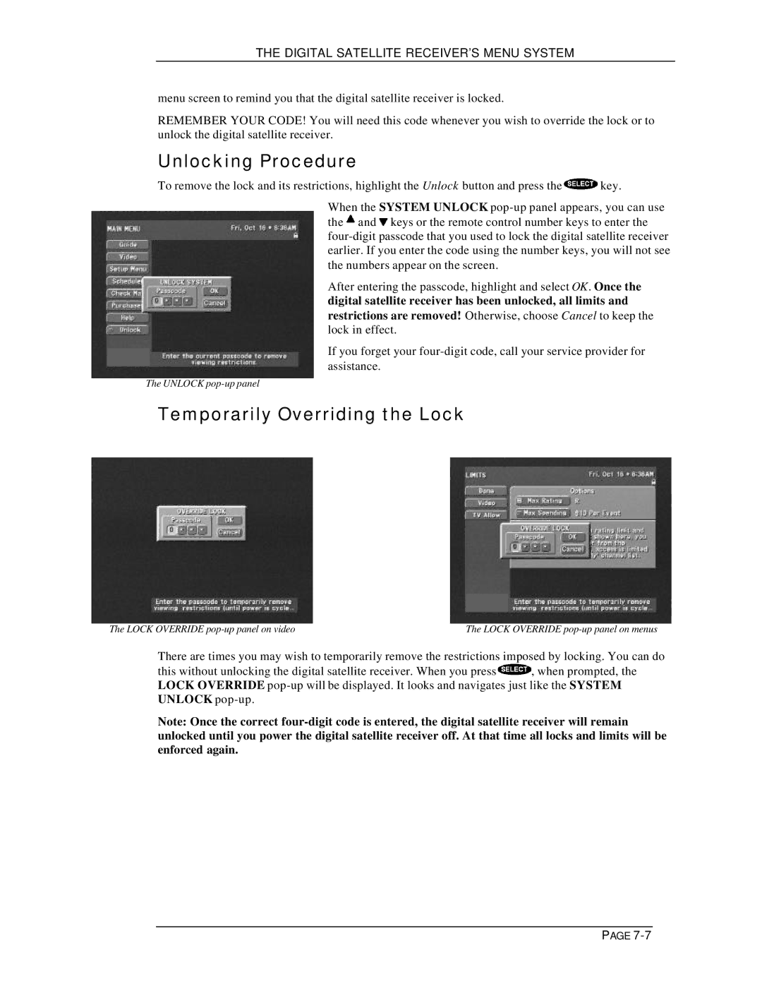 DirecTV HIRD-D11, HIRD-D01 owner manual Unlocking Procedure, Temporarily Overriding the Lock 