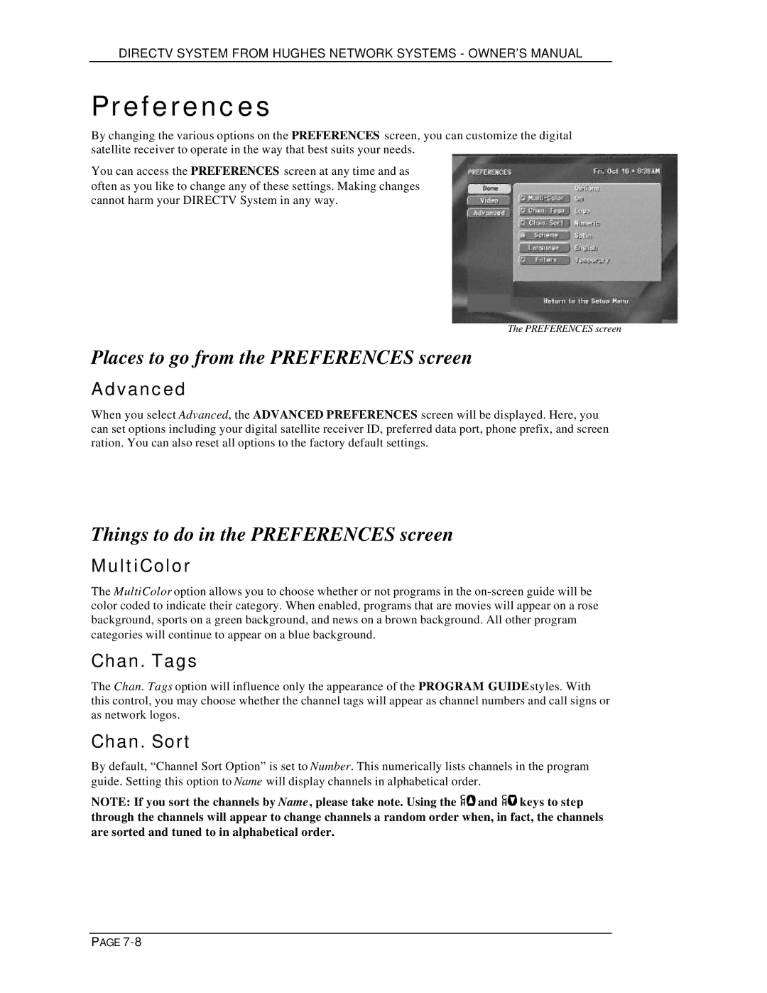 DirecTV HIRD-D01, HIRD-D11 owner manual Places to go from the Preferences screen, Things to do in the Preferences screen 