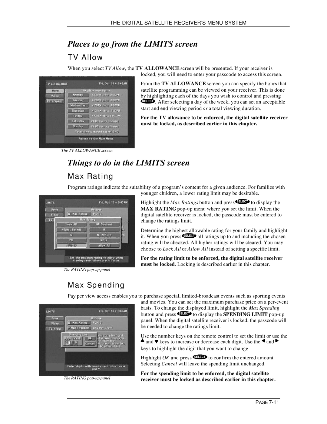 DirecTV HIRD-D11, HIRD-D01 Places to go from the Limits screen, Things to do in the Limits screen, TV Allow, Max Rating 