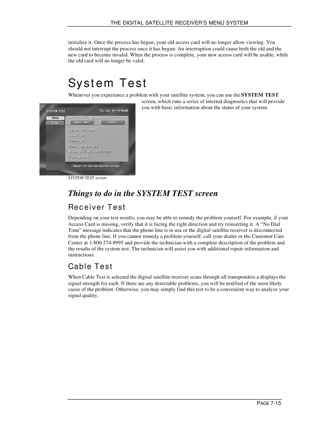 DirecTV HIRD-D11, HIRD-D01 owner manual Things to do in the System Test screen, Receiver Test, Cable Test 