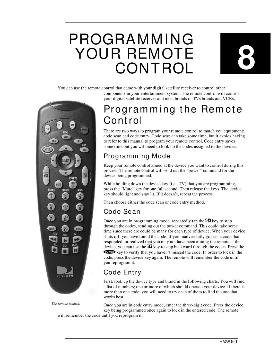 DirecTV HIRD-D11, HIRD-D01 Programming Your Remote 8 Control, Programming the Remote Control, Programming Mode, Code Scan 