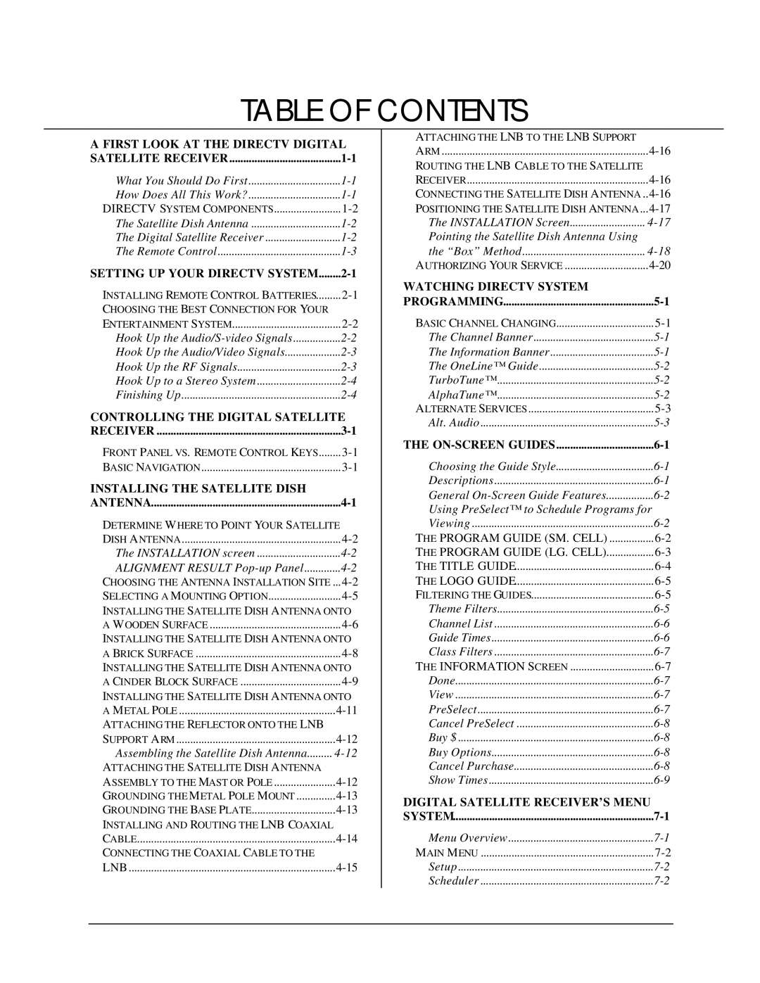 DirecTV HIRD-D11, HIRD-D01 owner manual Table of Contents 