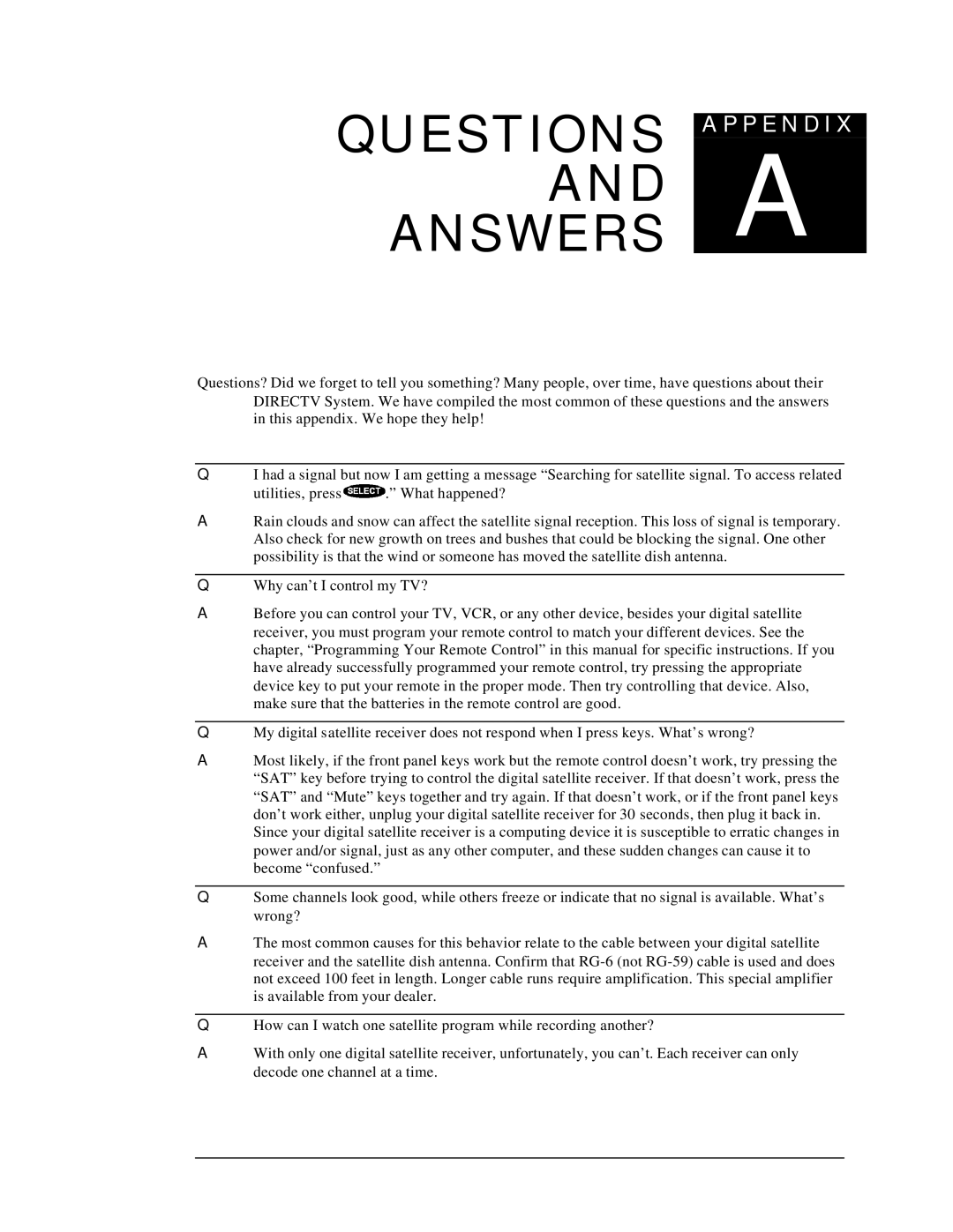 DirecTV HIRD-D11, HIRD-D01 owner manual Questions a P P E N D I X Answersand a 