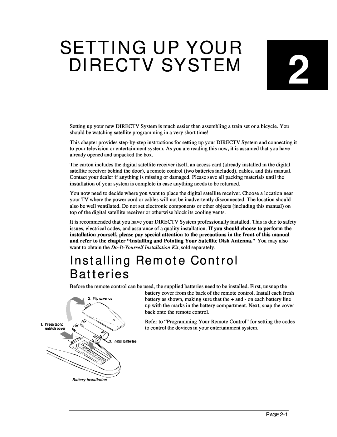 DirecTV HIRD-D11, HIRD-D01 owner manual Setting Up Your, Directv System, Installing Remote Control Batteries 