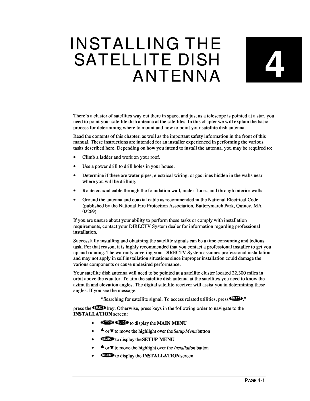 DirecTV HIRD-D11, HIRD-D01 owner manual Installing The Satellite Dish Antenna 
