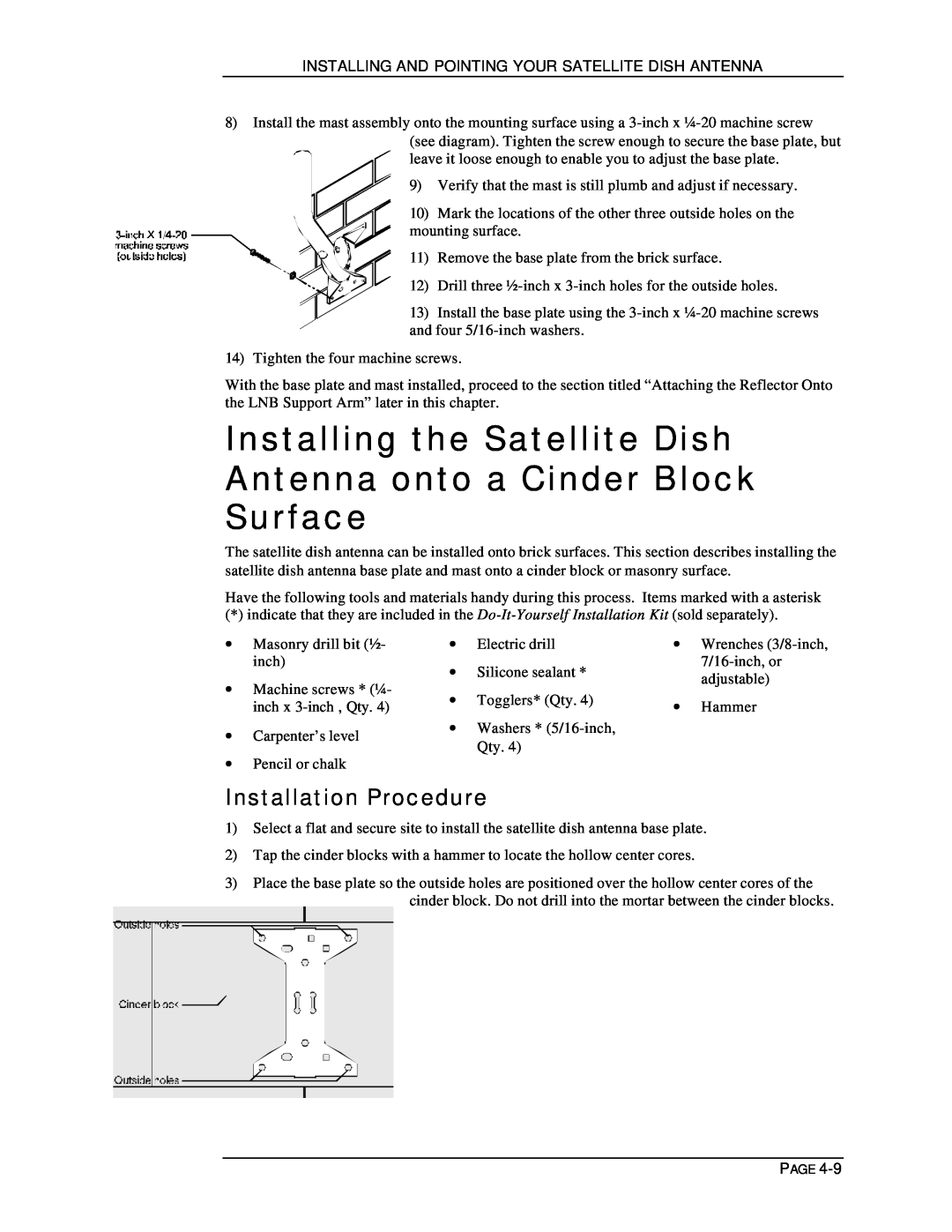 DirecTV HIRD-D11, HIRD-D01 Installing the Satellite Dish, Antenna onto a Cinder Block Surface, Installation Procedure 