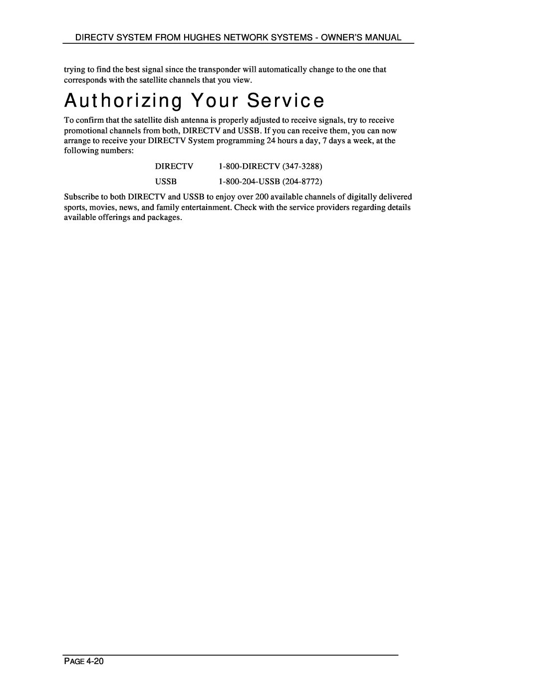 DirecTV HIRD-D01, HIRD-D11 owner manual Authorizing Your Service 