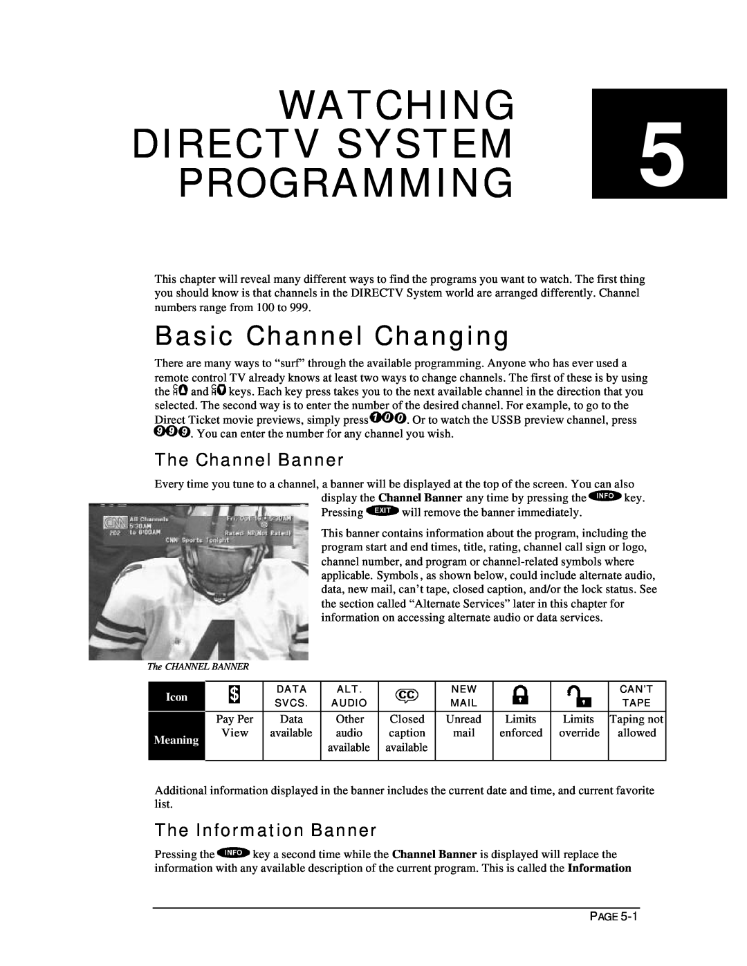 DirecTV HIRD-D11 WATCHING DIRECTV SYSTEM 5 PROGRAMMING, Basic Channel Changing, The Channel Banner, The Information Banner 