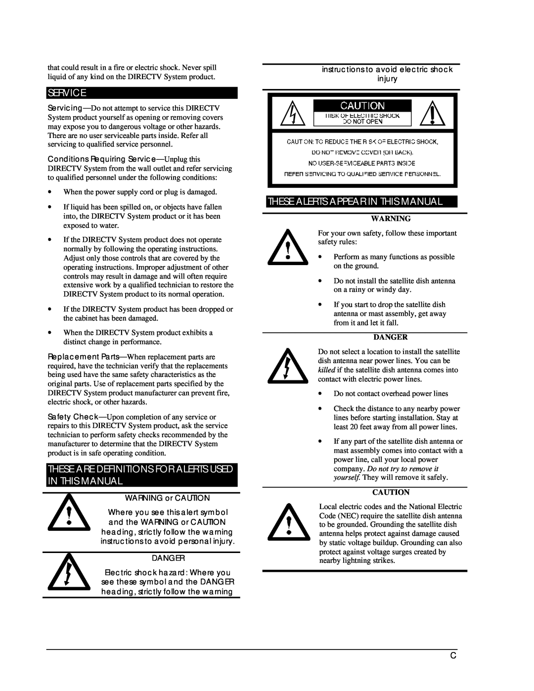 DirecTV HIRD-D01, HIRD-D11 owner manual Service, These Alerts Appear In This Manual, Danger 