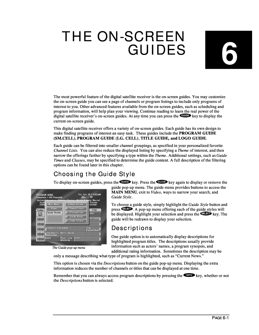 DirecTV HIRD-D11, HIRD-D01 owner manual The On-Screenguides, Choosing the Guide Style, Descriptions 
