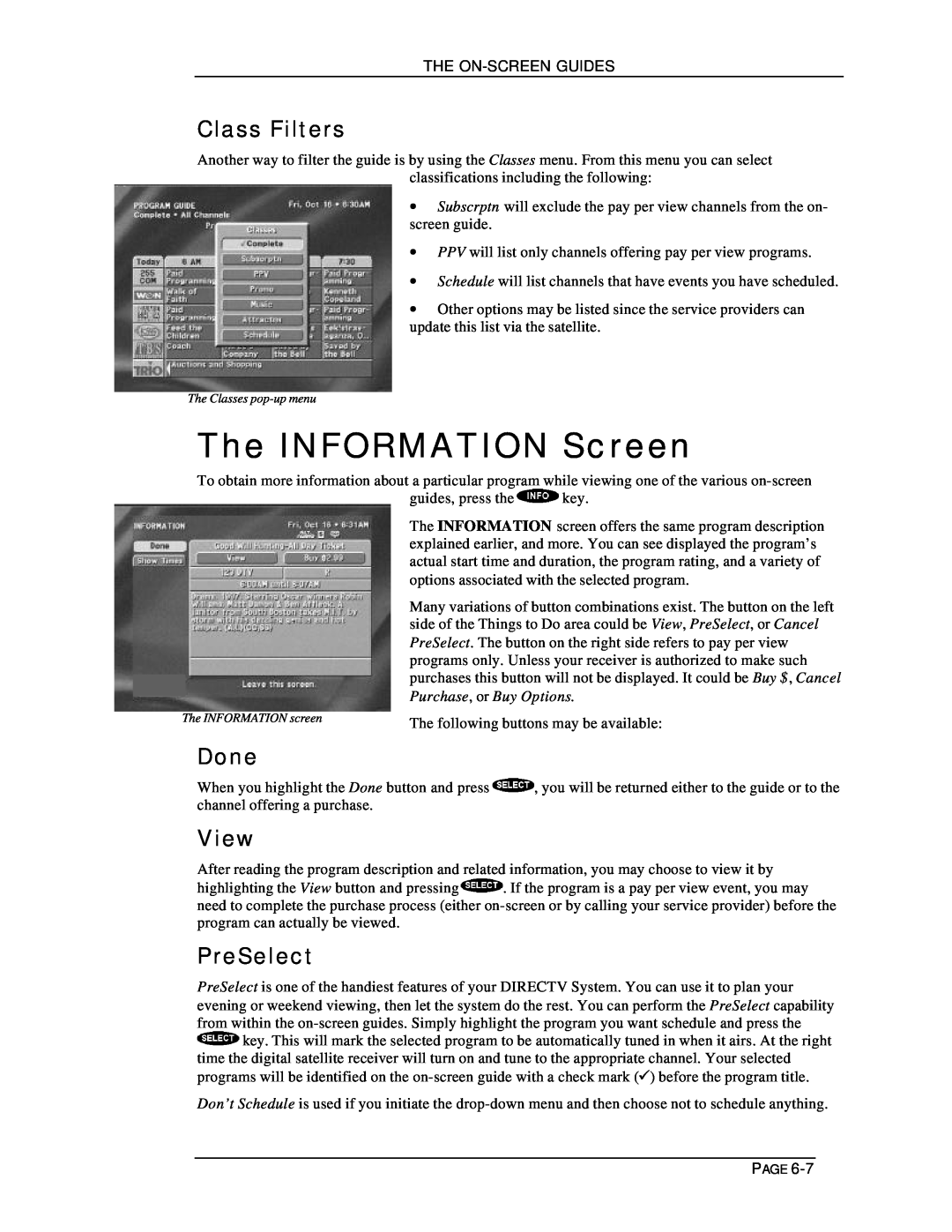 DirecTV HIRD-D11, HIRD-D01 owner manual The INFORMATION Screen, Class Filters, Done, View, PreSelect 