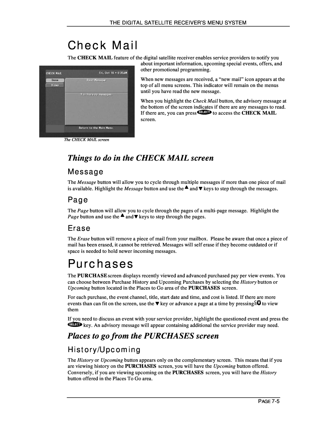 DirecTV HIRD-D11 Check Mail, Purchases, Things to do in the CHECK MAIL screen, Places to go from the PURCHASES screen 