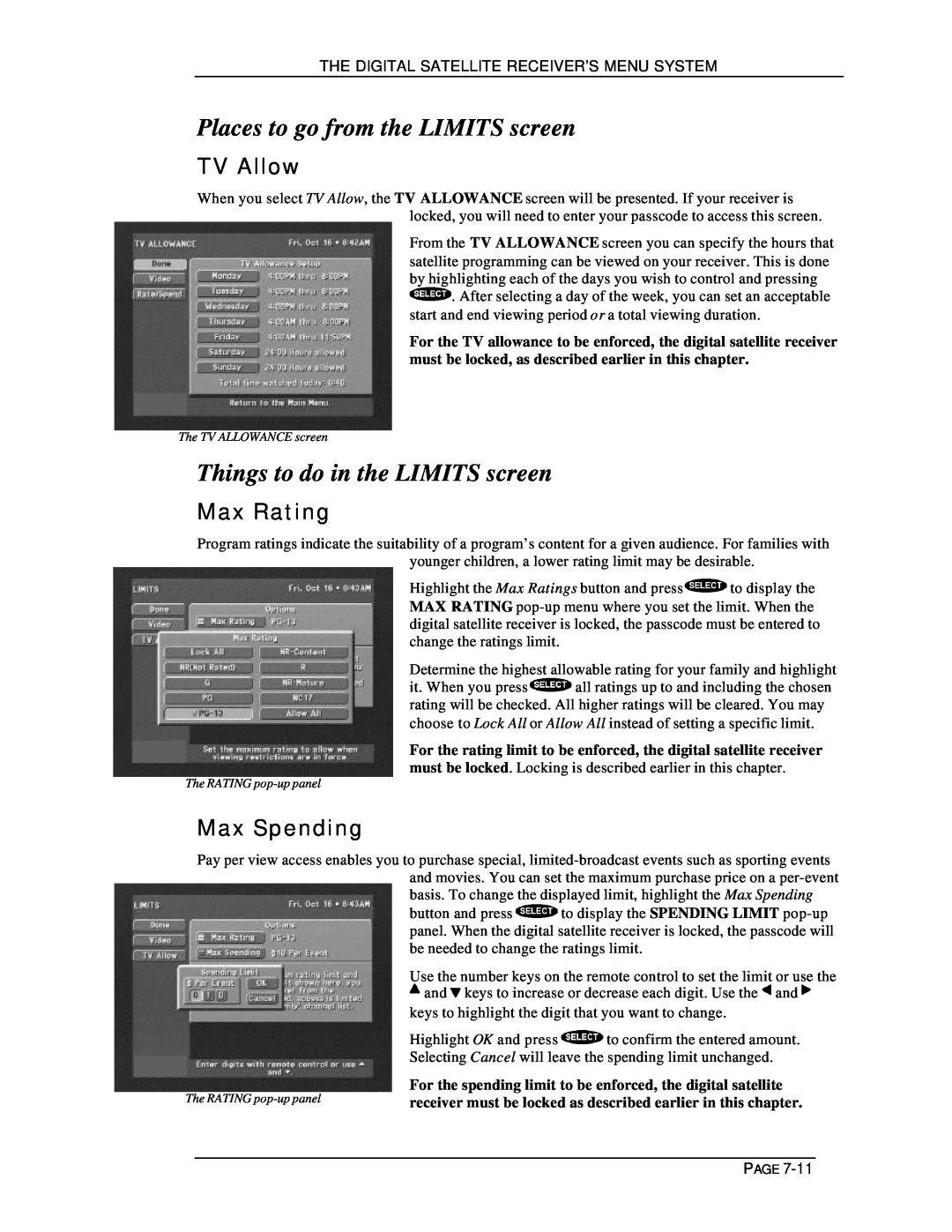 DirecTV HIRD-D11, HIRD-D01 Places to go from the LIMITS screen, Things to do in the LIMITS screen, TV Allow, Max Rating 