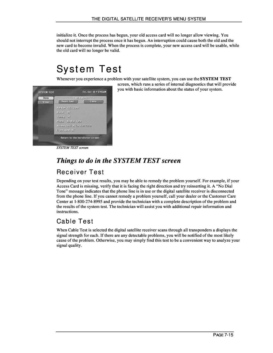 DirecTV HIRD-D11, HIRD-D01 owner manual System Test, Things to do in the SYSTEM TEST screen, Receiver Test, Cable Test 