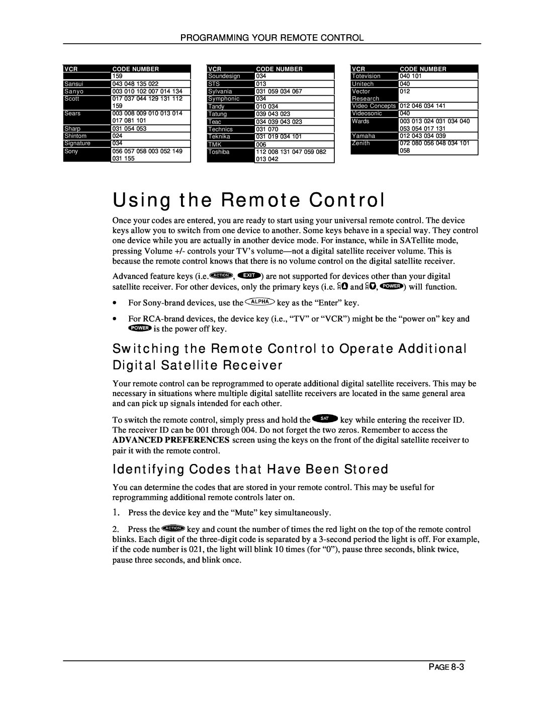 DirecTV HIRD-D11, HIRD-D01 owner manual Using the Remote Control, Identifying Codes that Have Been Stored 