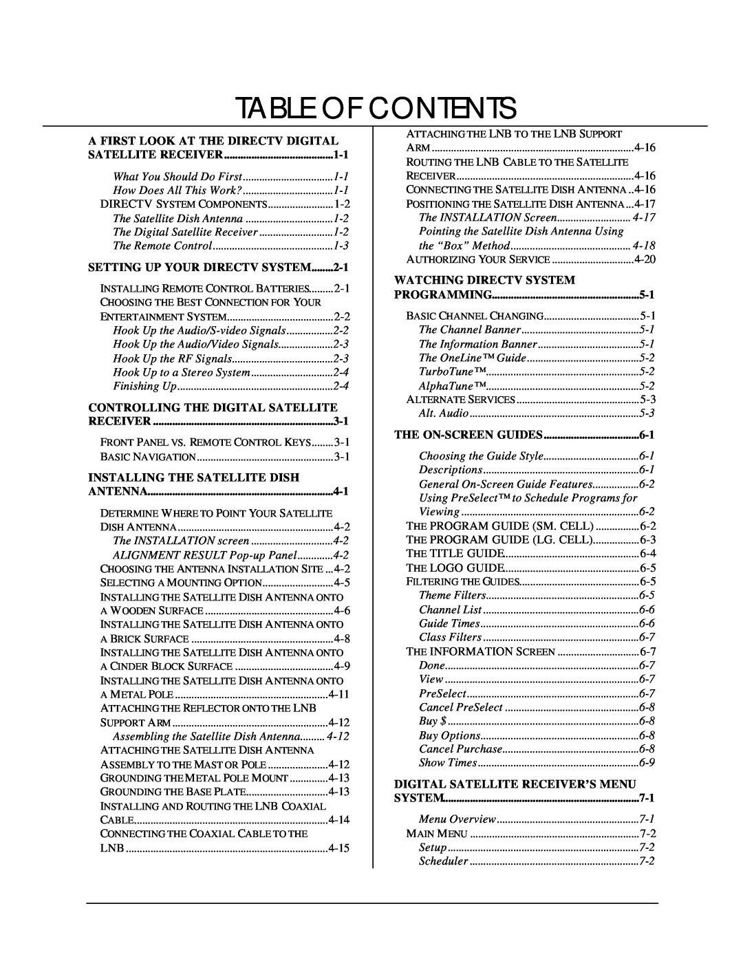 DirecTV HIRD-D11, HIRD-D01 owner manual Table Of Contents 