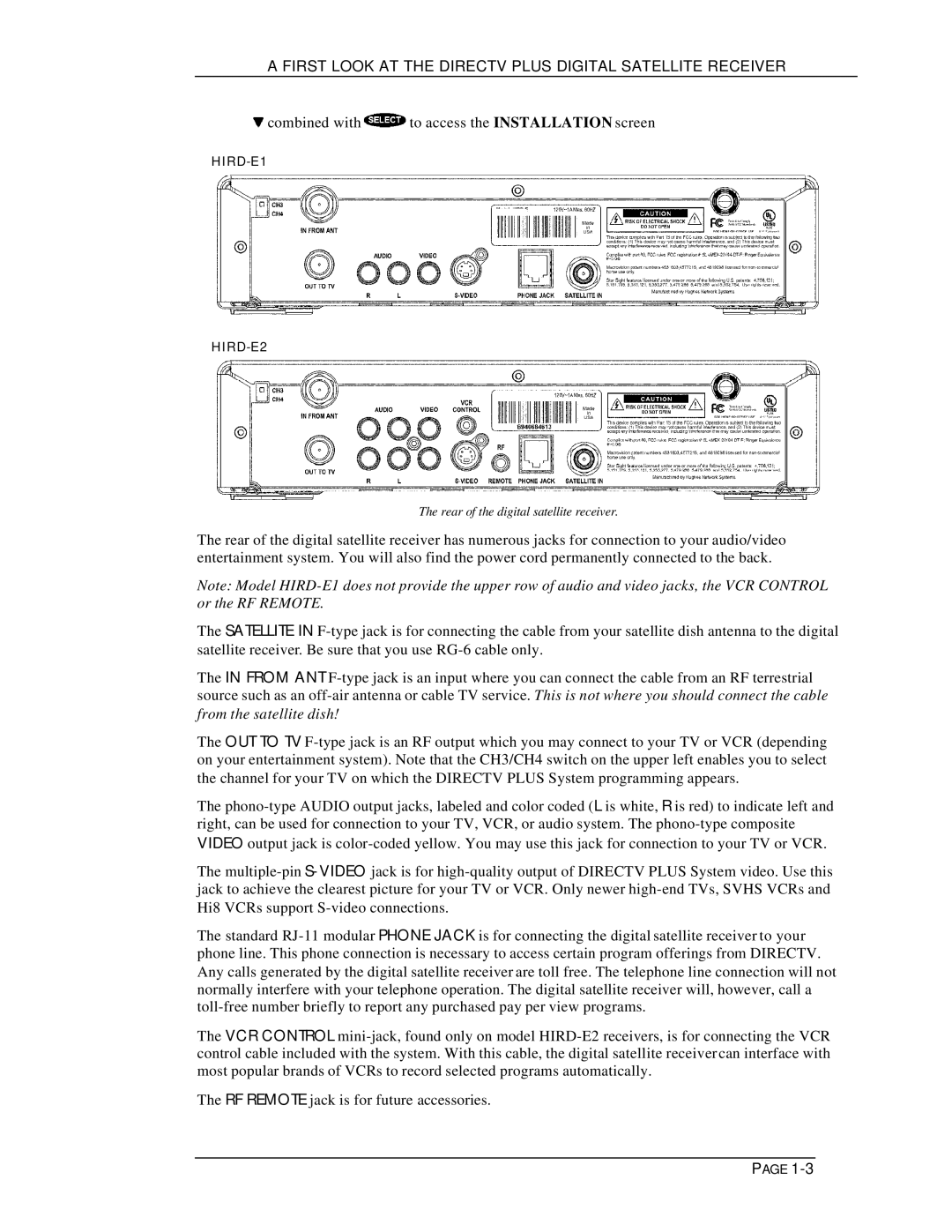 DirecTV HIRD-E11, HIRD-E25 owner manual First Look AT the Directv Plus Digital Satellite Receiver 