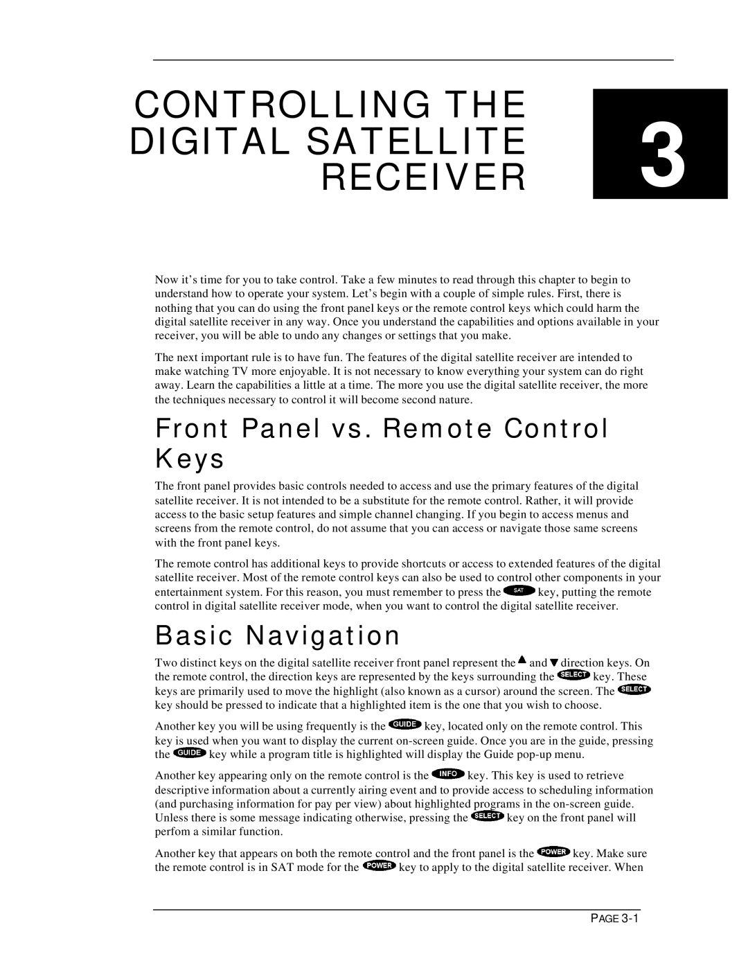 DirecTV HIRD-E11, HIRD-E25 owner manual Front Panel vs. Remote Control Keys, Basic Navigation 