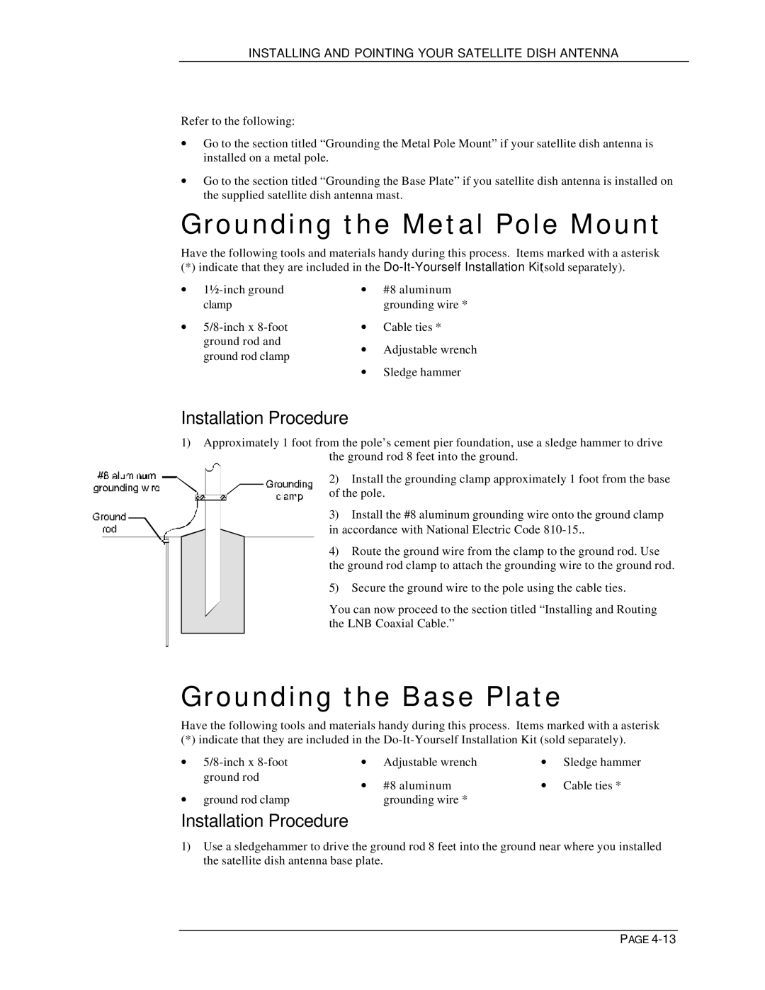 DirecTV HIRD-E11, HIRD-E25 owner manual Grounding the Metal Pole Mount, Grounding the Base Plate 