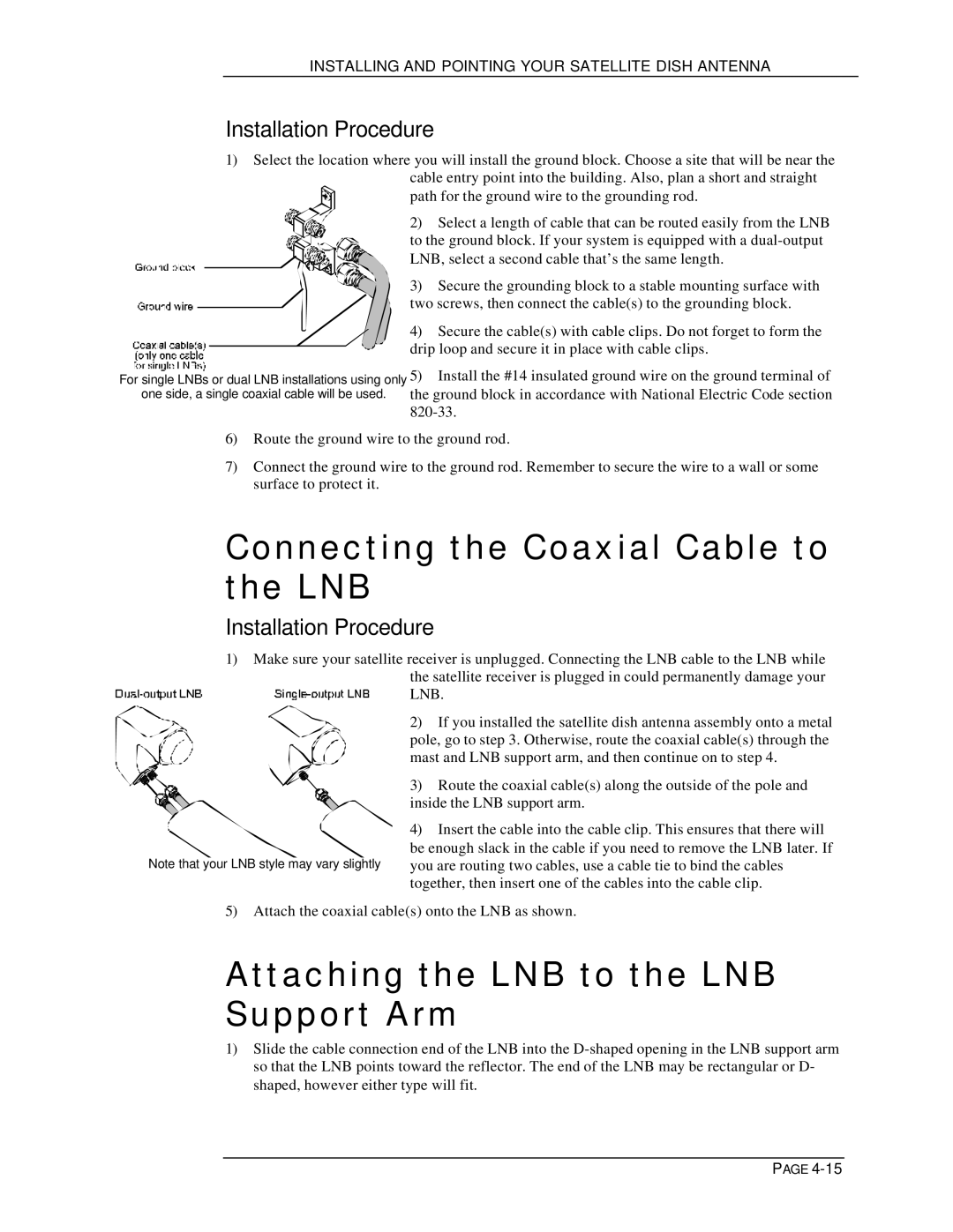 DirecTV HIRD-E11, HIRD-E25 owner manual Connecting the Coaxial Cable to the LNB, Attaching the LNB to the LNB Support Arm 