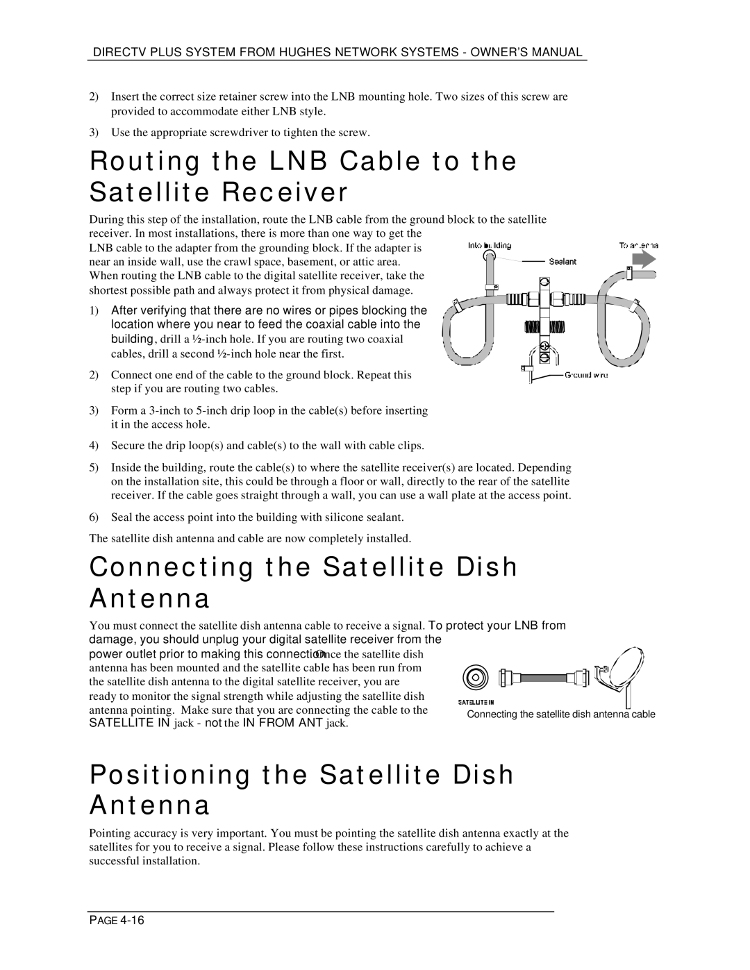 DirecTV HIRD-E25, HIRD-E11 Routing the LNB Cable to the Satellite Receiver, Connecting the Satellite Dish Antenna 