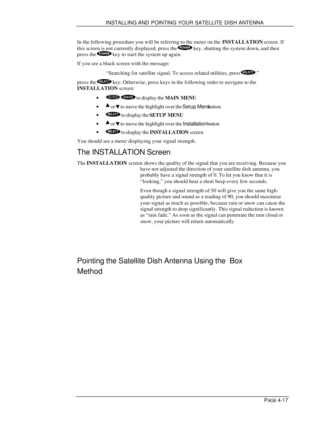 DirecTV HIRD-E11, HIRD-E25 owner manual Installation Screen, Pointing the Satellite Dish Antenna Using the Box Method 