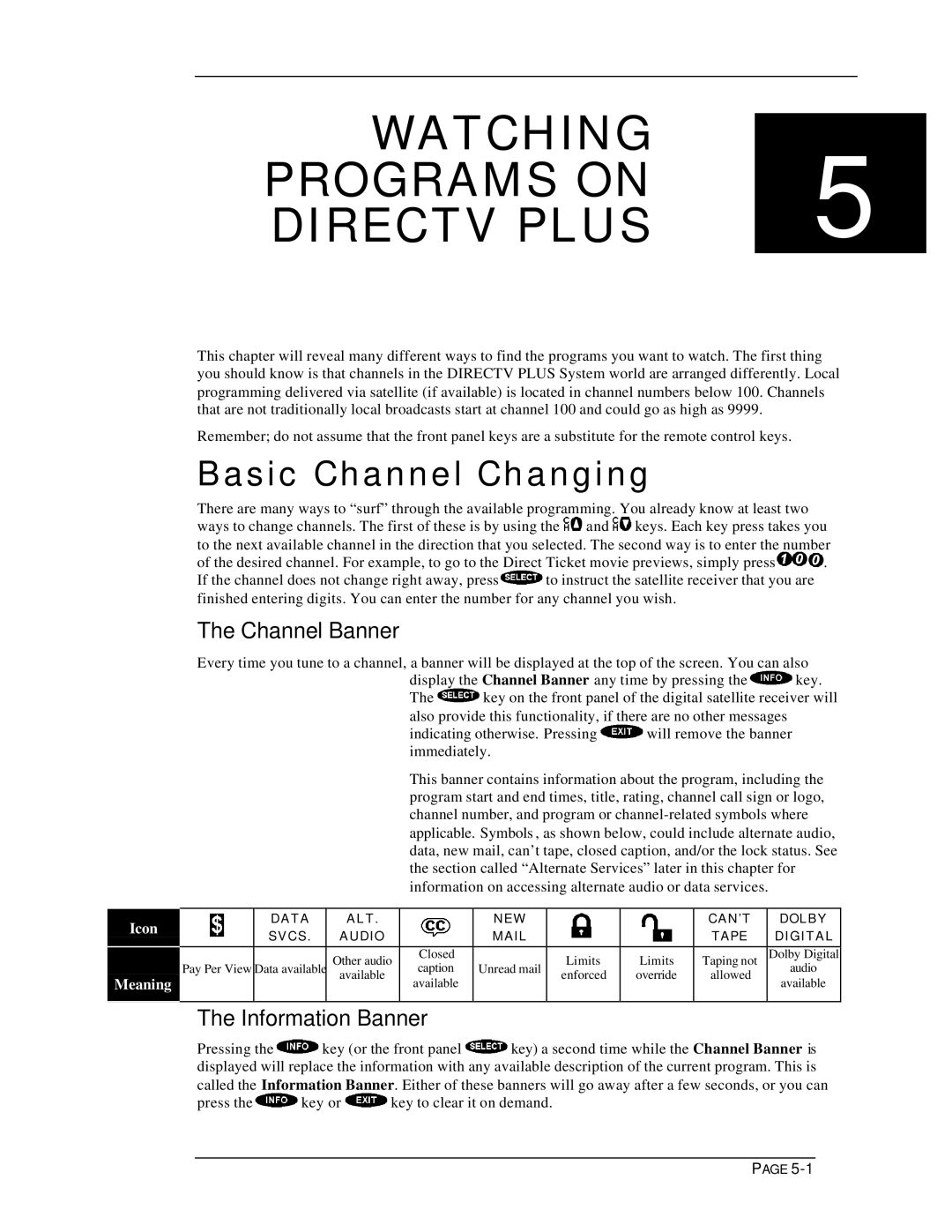 DirecTV HIRD-E11, HIRD-E25 owner manual Basic Channel Changing, Channel Banner, Information Banner 