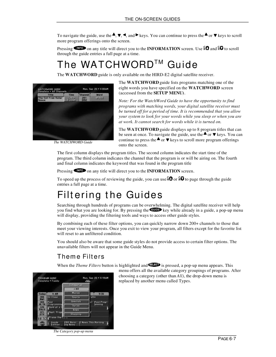 DirecTV HIRD-E11, HIRD-E25 owner manual Watchwordtm Guide, Filtering the Guides, Theme Filters 