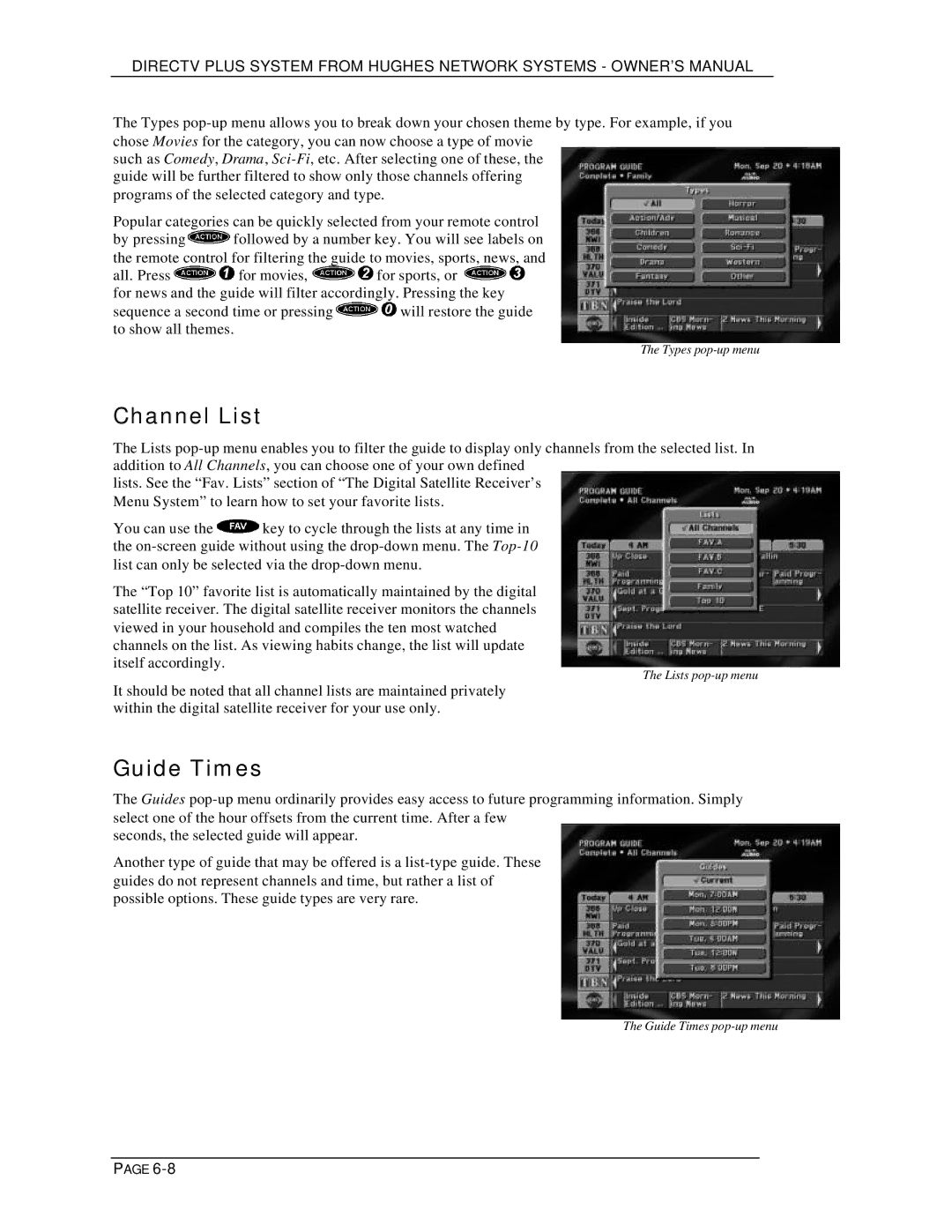 DirecTV HIRD-E25, HIRD-E11 owner manual Channel List, Guide Times 