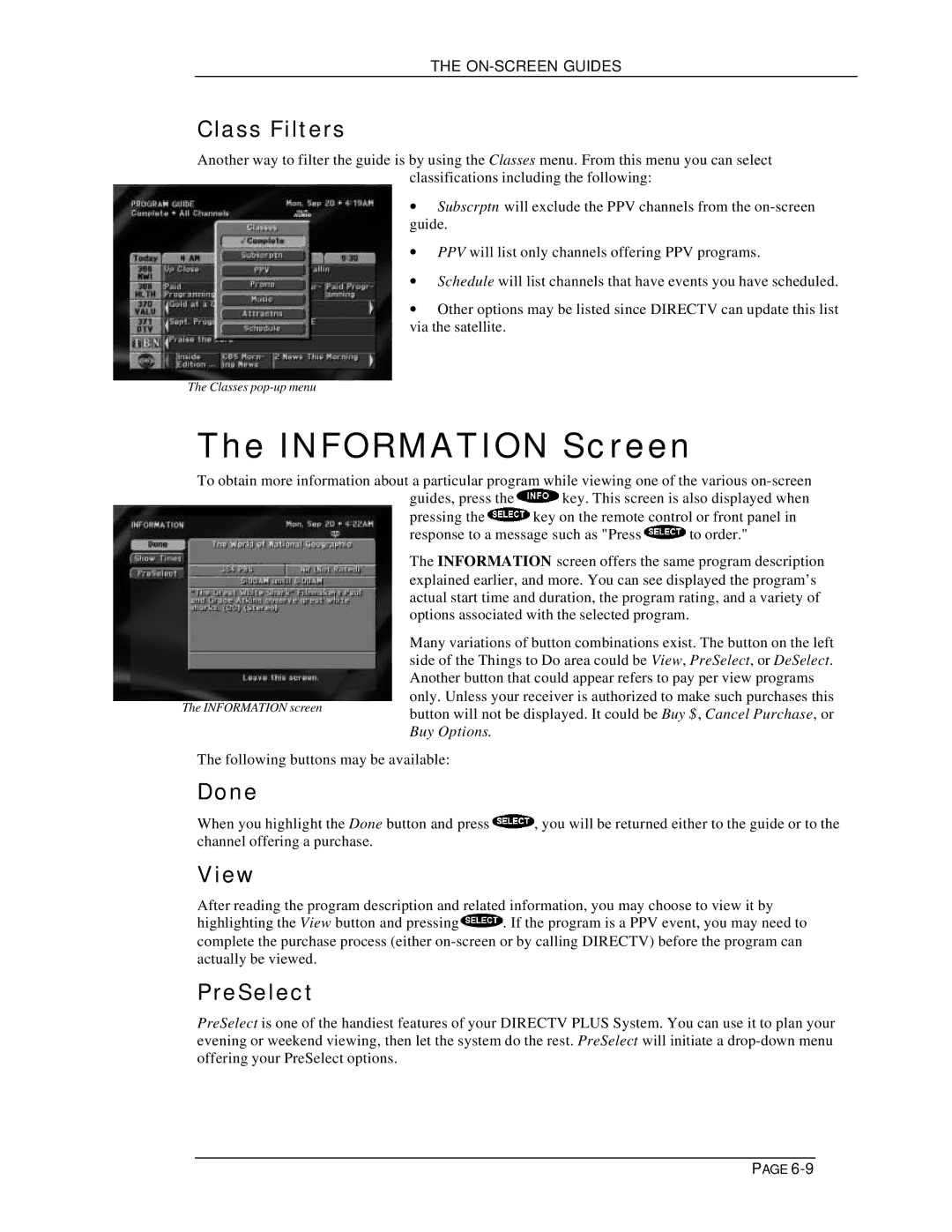 DirecTV HIRD-E11, HIRD-E25 owner manual Information Screen, Class Filters, Done, View, PreSelect 