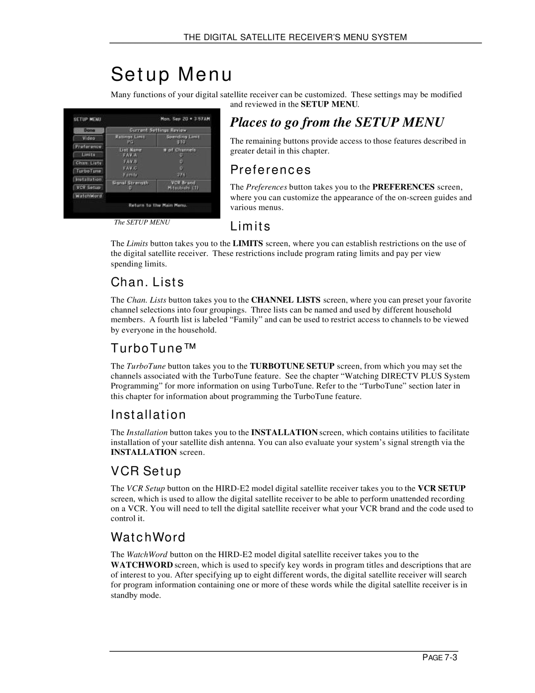 DirecTV HIRD-E11, HIRD-E25 owner manual Places to go from the Setup Menu 