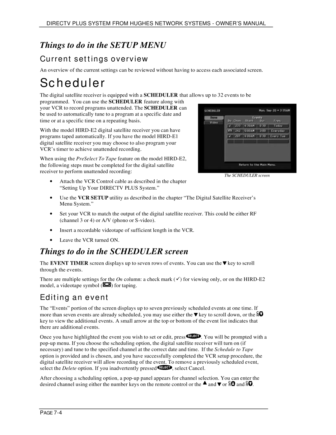 DirecTV HIRD-E25 Things to do in the Setup Menu, Things to do in the Scheduler screen, Current settings overview 