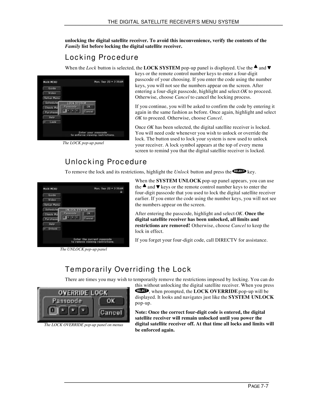 DirecTV HIRD-E11, HIRD-E25 owner manual Locking Procedure, Unlocking Procedure, Temporarily Overriding the Lock 