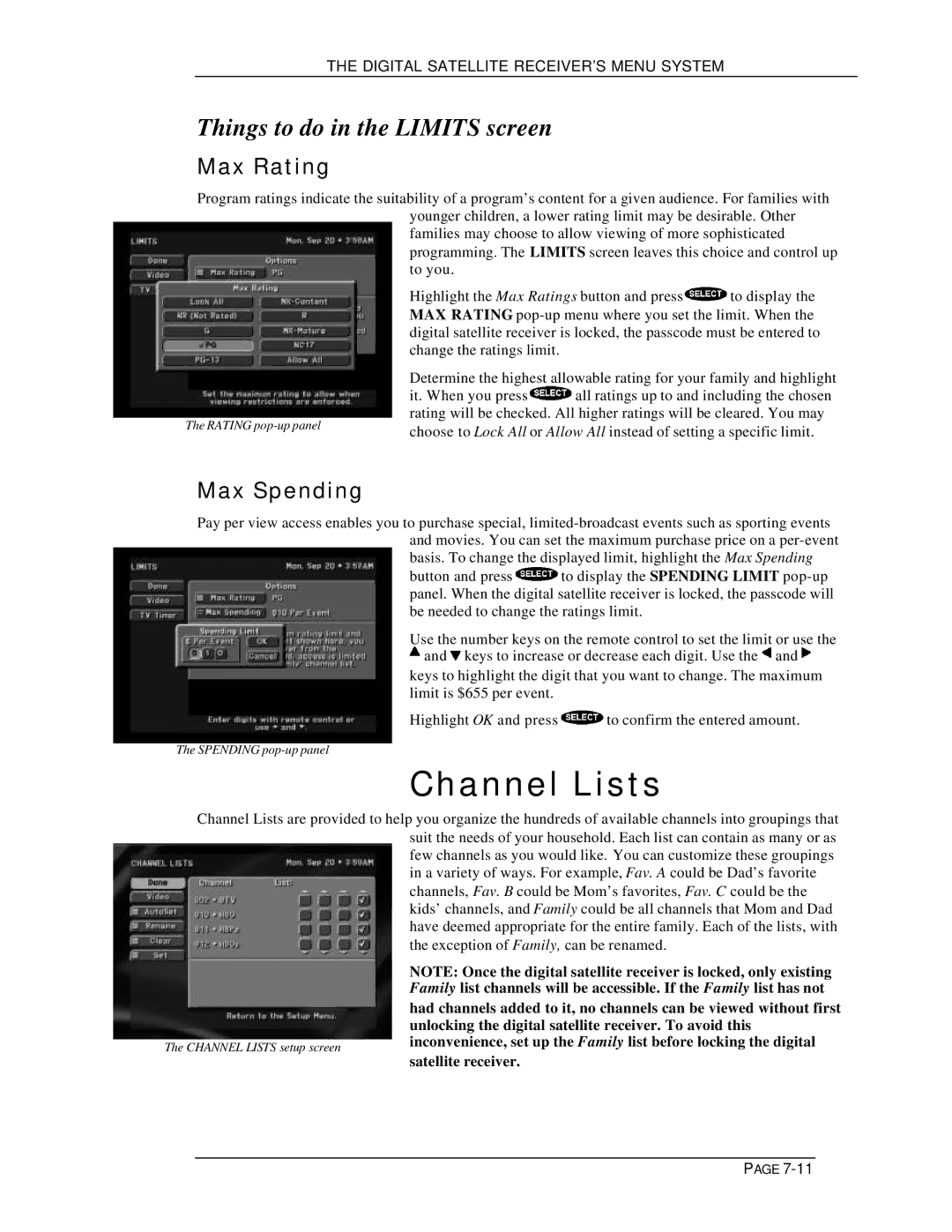 DirecTV HIRD-E11, HIRD-E25 owner manual Channel Lists, Things to do in the Limits screen, Max Rating, Max Spending 