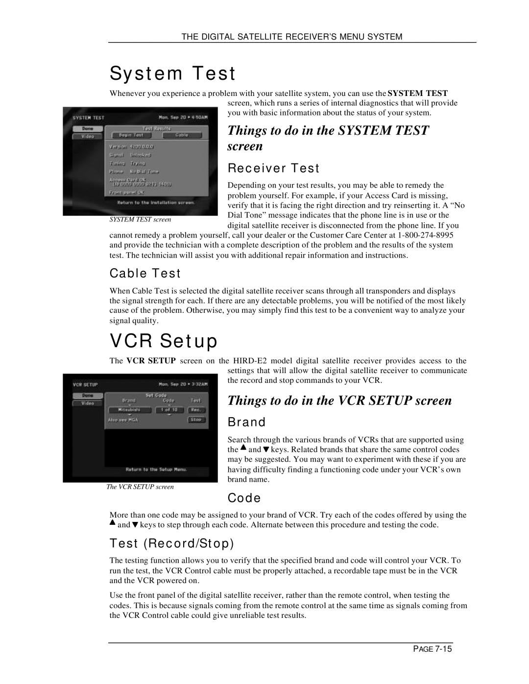 DirecTV HIRD-E11, HIRD-E25 owner manual Things to do in the System Test screen, Things to do in the VCR Setup screen 