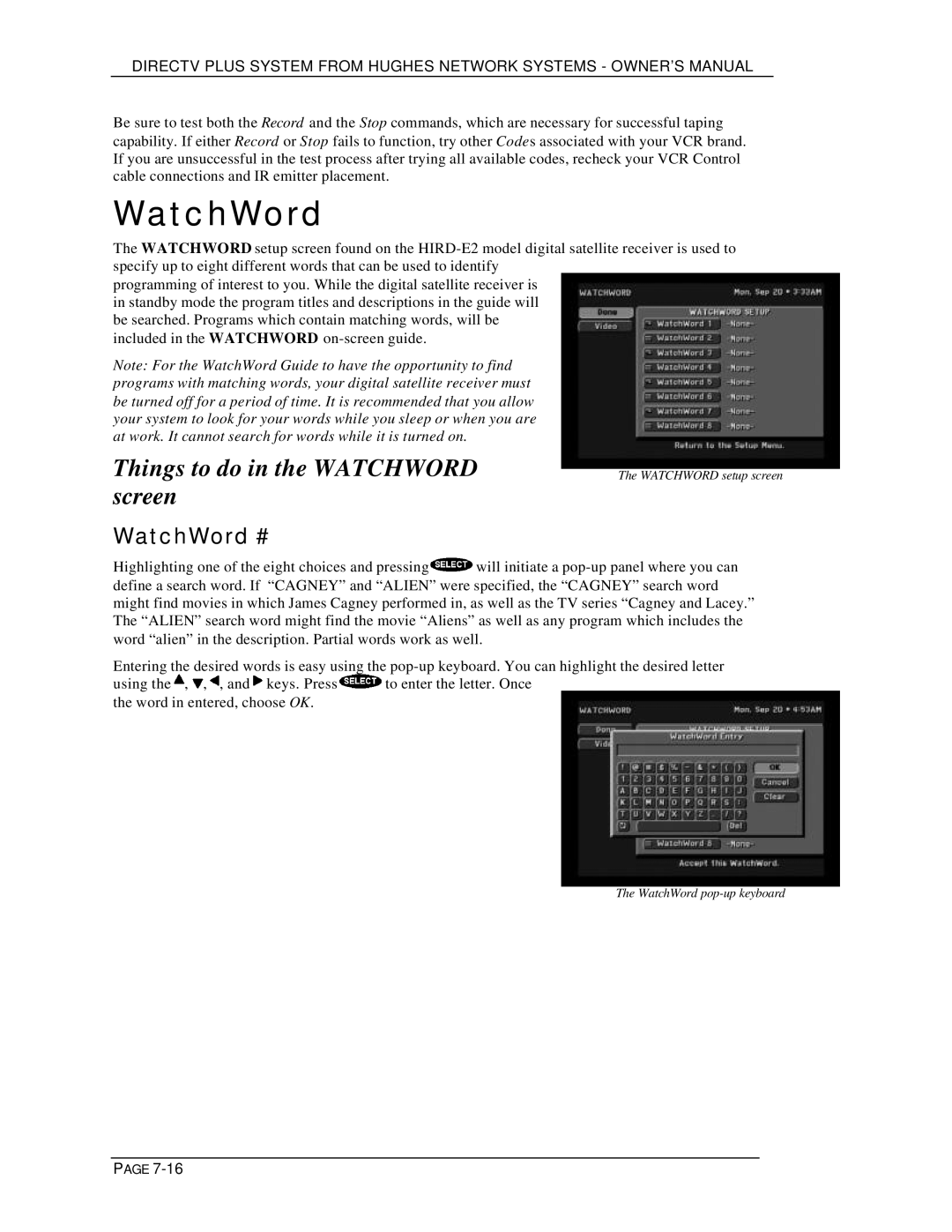 DirecTV HIRD-E25, HIRD-E11 owner manual Things to do in the Watchword, Screen, WatchWord # 