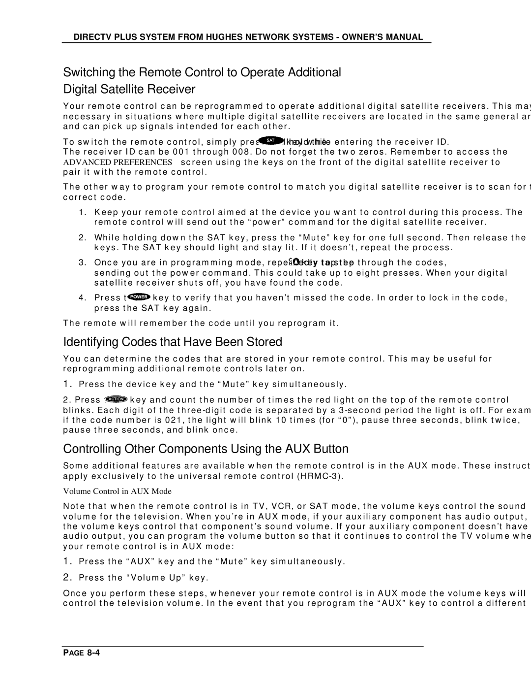 DirecTV HIRD-E25, HIRD-E11 Identifying Codes that Have Been Stored, Controlling Other Components Using the AUX Button 