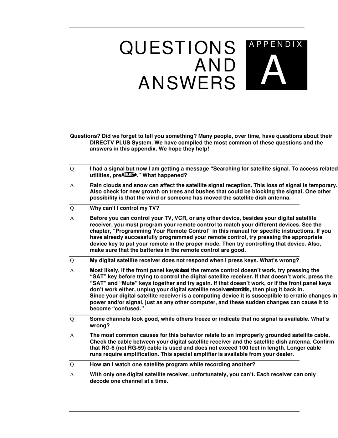 DirecTV HIRD-E11, HIRD-E25 owner manual Questions a P P E N D I X Answersand a 