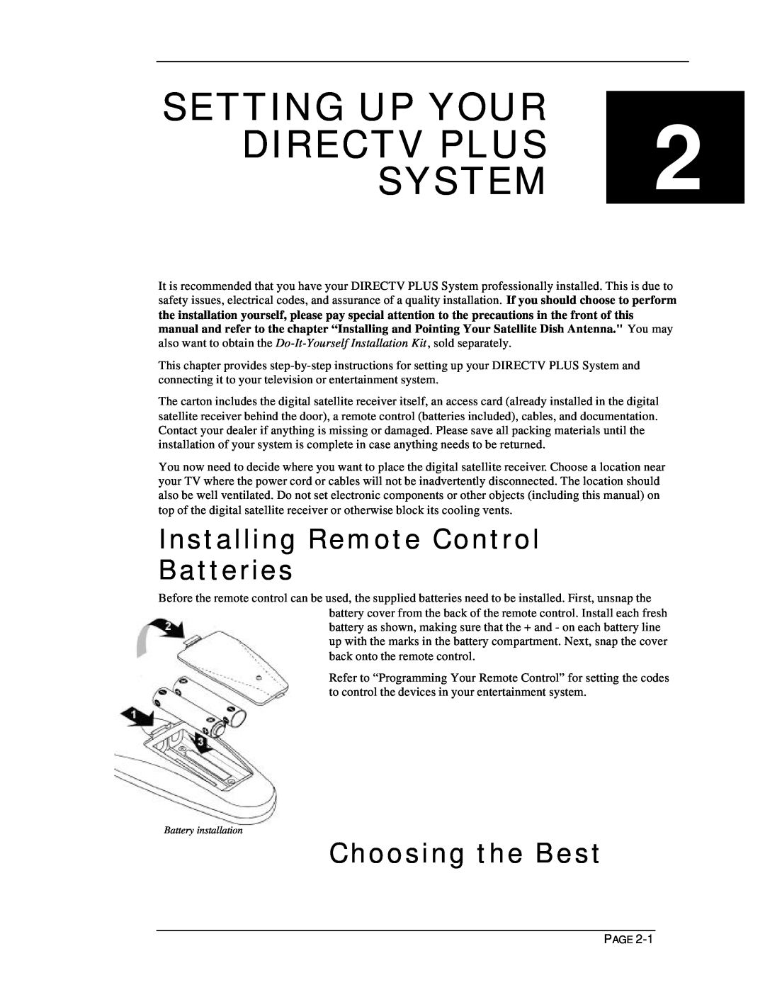 DirecTV HIRD-E11, HIRD-E25 Setting Up Your Directv Plus System, Installing Remote Control Batteries, Choosing the Best 