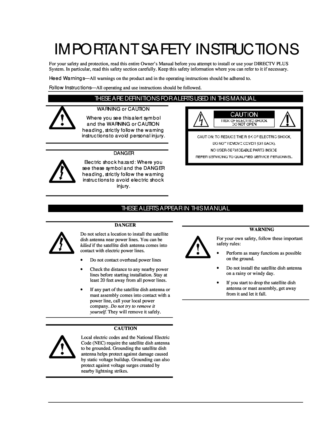 DirecTV HIRD-E11, HIRD-E25 owner manual Important Safety Instructions, These Alerts Appear In This Manual, Danger 