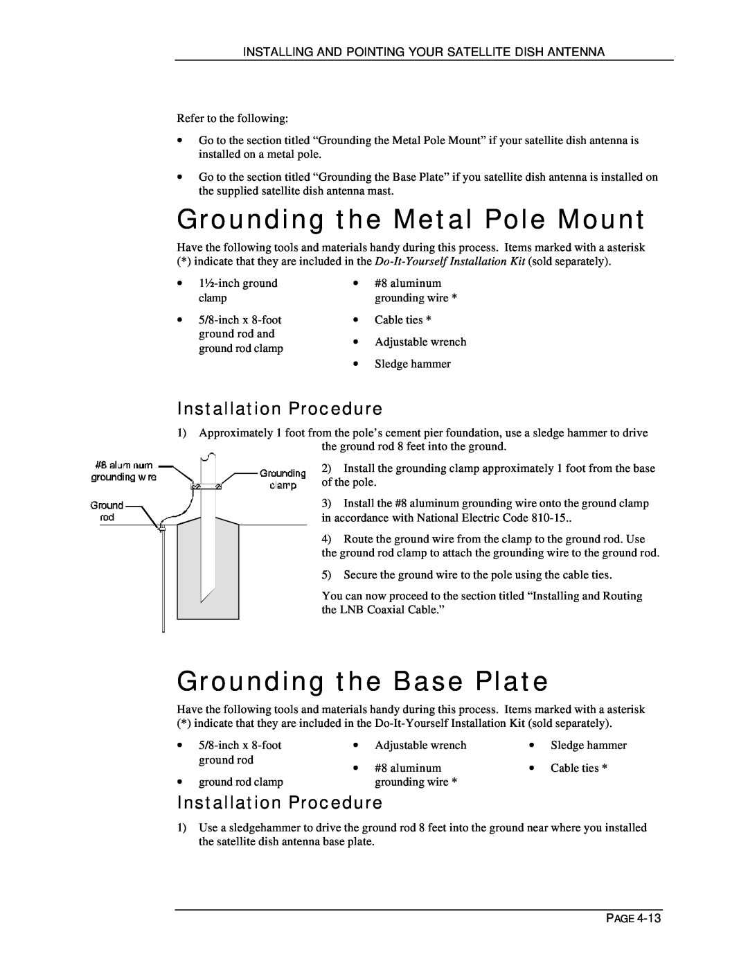DirecTV HIRD-E11, HIRD-E25 owner manual Grounding the Metal Pole Mount, Grounding the Base Plate, Installation Procedure 