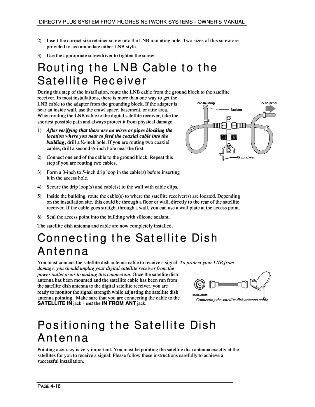 DirecTV HIRD-E25, HIRD-E11 Routing the LNB Cable to the Satellite Receiver, Connecting the Satellite Dish Antenna 