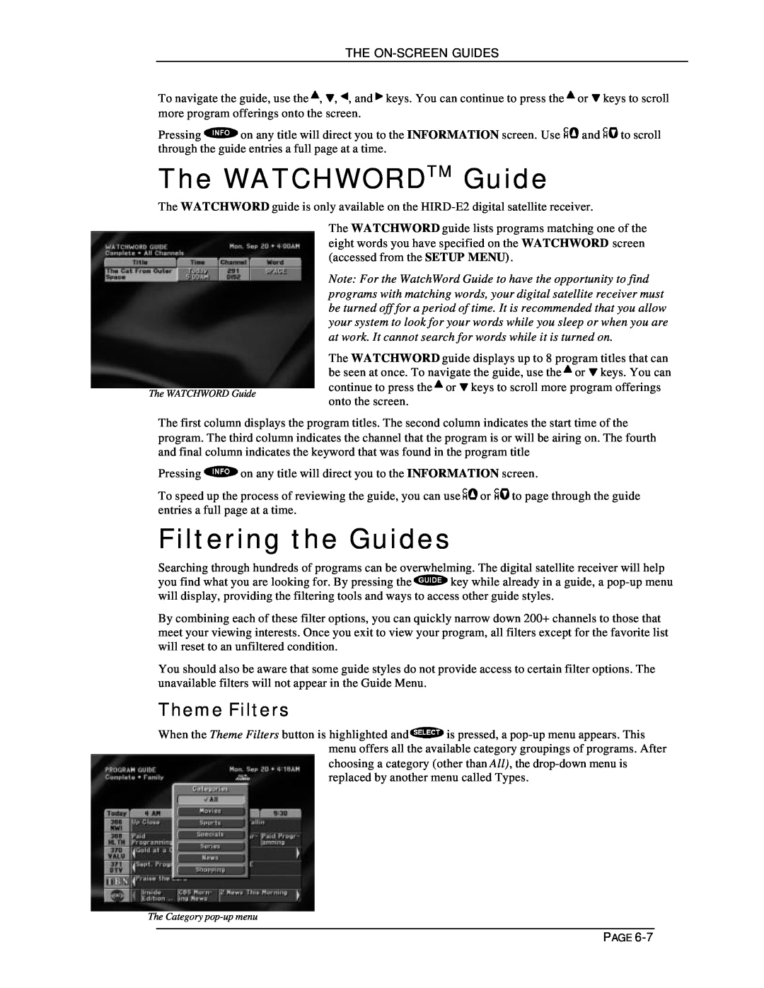 DirecTV HIRD-E11, HIRD-E25 owner manual The WATCHWORDTM Guide, Filtering the Guides, Theme Filters 