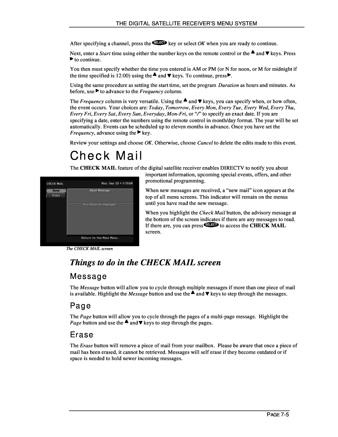 DirecTV HIRD-E11, HIRD-E25 owner manual Check Mail, Things to do in the CHECK MAIL screen, Message, Page, Erase 